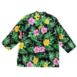 LRL Ralph Lauren Woman’s Black Pink Yellow Hibiscus Qipao 100% Linen Tunic Large